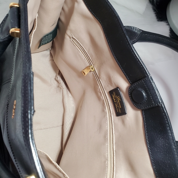 Lauren by Ralph Lauren Black Leather Satchel Tote Bag, Side Zippers to Expand - Picture 9 of 10